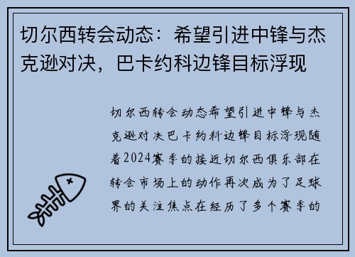 切尔西转会动态：希望引进中锋与杰克逊对决，巴卡约科边锋目标浮现