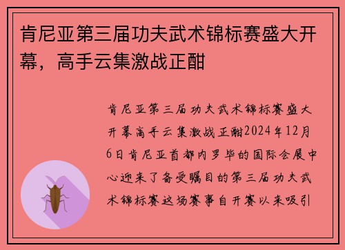 肯尼亚第三届功夫武术锦标赛盛大开幕，高手云集激战正酣