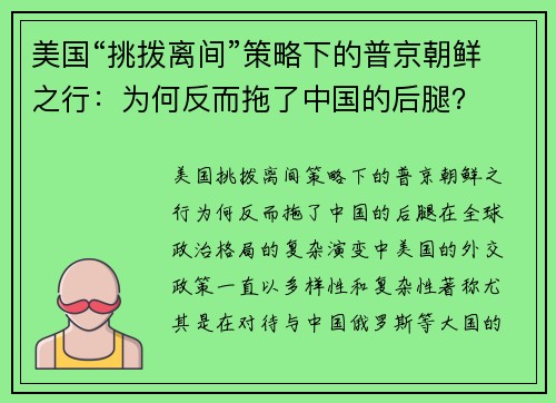 美国“挑拨离间”策略下的普京朝鲜之行：为何反而拖了中国的后腿？